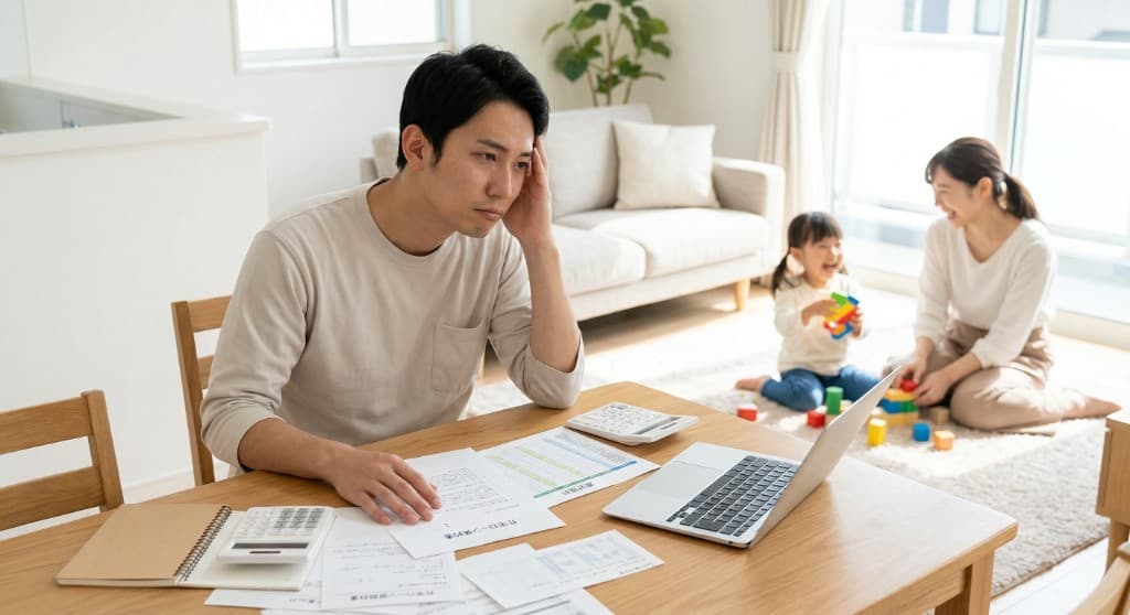 住宅ローンの書類を前に家計を一人で抱え込み、家族とのあいだに温度差がある様子